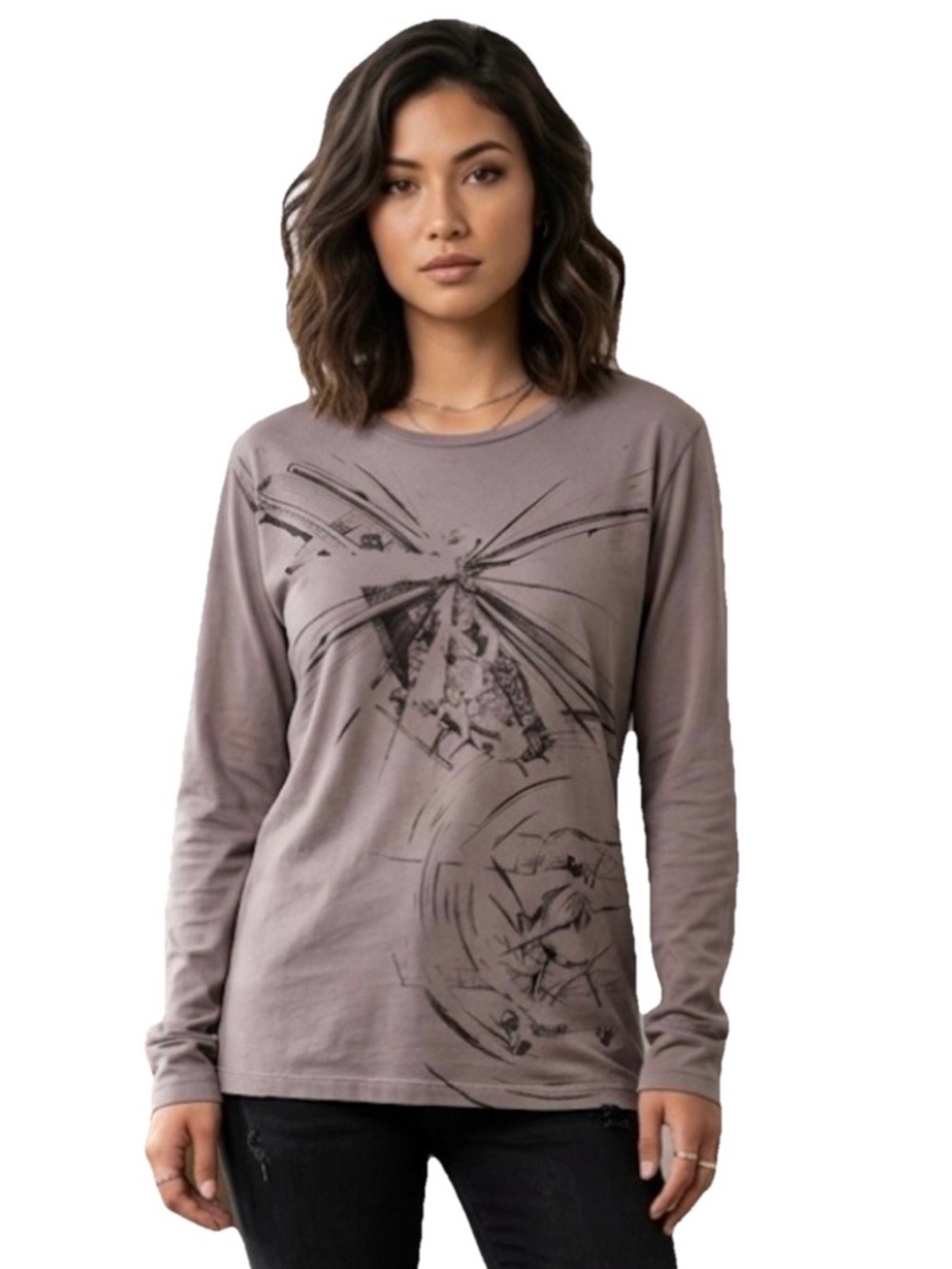 Lauren Moshi Helicopter Women’s Gray Long Sleeve Cotton Tee Size Medium